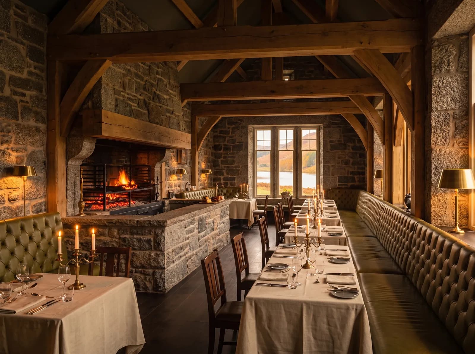 A long granite-walled dining room with an open wood-fire grill, candlelit tables in cream linen and olive leather banquettes