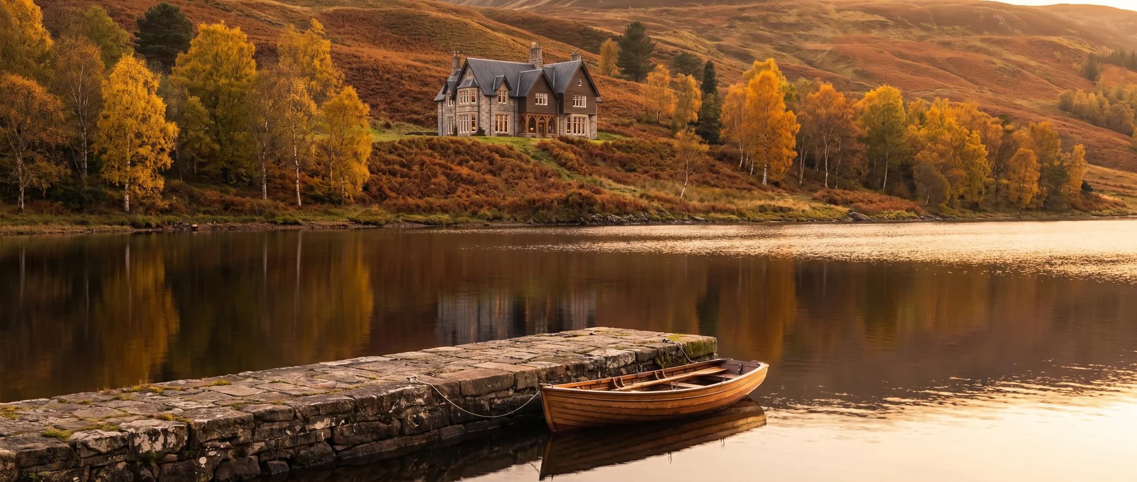 The loch in October sun below the lodge, bracken hillsides and yellow birches, a rowing boat moored at a stone jetty