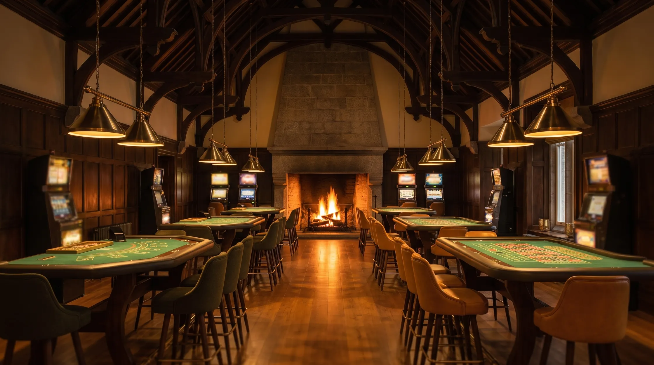 The great hall as the casino floor: green-baize tables under brass pendant lamps, olive and ochre leather stools, a log fire in the granite hearth beneath an oak hammerbeam roof