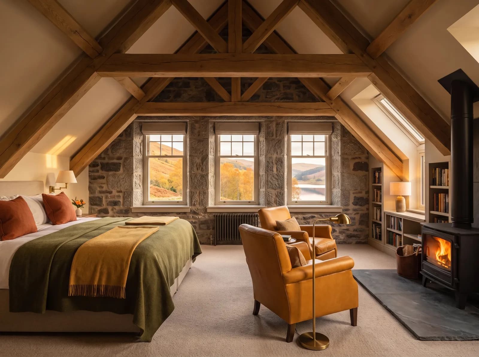 A top-floor suite under exposed oak roof trusses with three stone-framed windows over the glen, ochre leather armchairs and a wood-burning stove